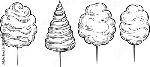 Hand drawn cotton candy collection sketch style sweet dessert illustration fluffy sugar treat carnival food vector set isolated design
