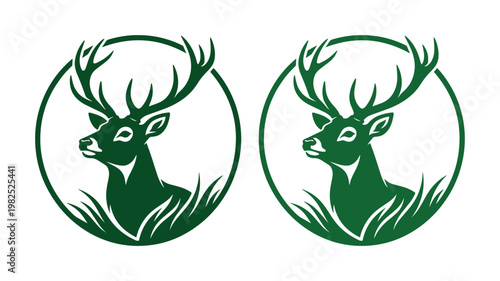 Vintage deer head logo set, majestic stag with large antlers in circular frame, green forest buck vector illustration for hunting and outdoor branding
