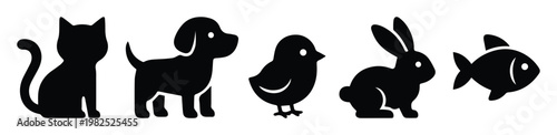 Minimalist pet animal icons set, black silhouette pet shop symbols, 5 vector elements featuring cat dog bird rabbit and fish for veterinary branding