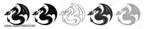 Mythical dragon silhouette icons, fire breathing dragon vector set, black fantasy creature logos, circular dragon emblem collection for gaming