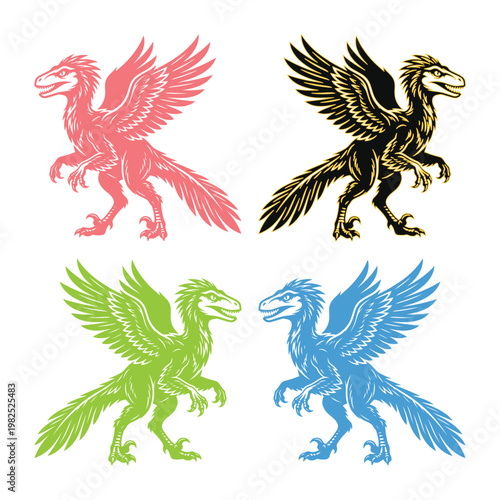 Vintage feathered dinosaur vector set, mythological griffin style raptor icons, 4 colorful prehistoric creature illustrations for logos and apparel