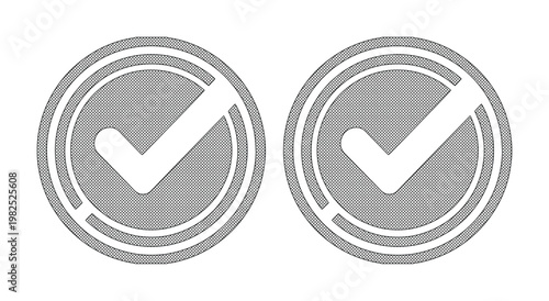 Minimalist check mark icons in circular frames, grey tick symbols for validation and approval, set of 2 vector elements for web interface design