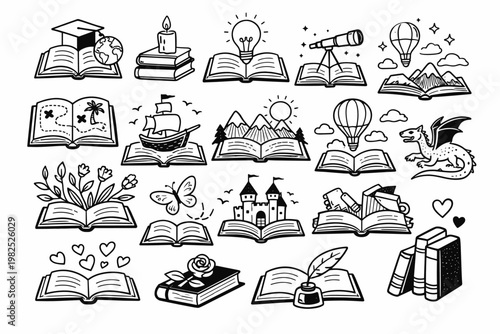 Collection of hand drawn line art book symbols illustrating themes of knowledge, adventure, fantasy, and education. Set of open book doodles with imaginative elements for creative storytelling.