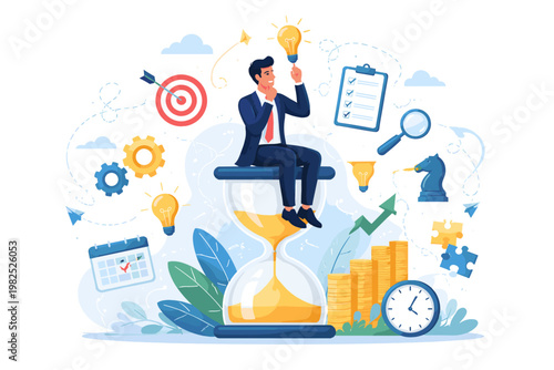 Businessman Sitting on a Giant Hourglass Thinking About Creative Business Solutions, Problem Solving, and Strategic Decision Making with Icons for Time Management, Goals, and Productivity.