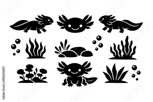 Set of black axolotl silhouette icons featuring cute amphibians, smiling faces, aquatic plants, seaweed, and bubbles; underwater nature wildlife vector design elements for creative projects.