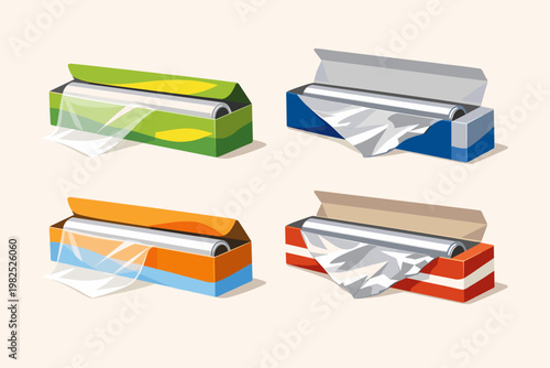Collection of Kitchen Wraps Including Plastic Wrap and Aluminum Foil in Colorful Boxes, Simple Flat Vector Illustration of Food Storage Rolls for Household Use, Cooking, and Food Preservation