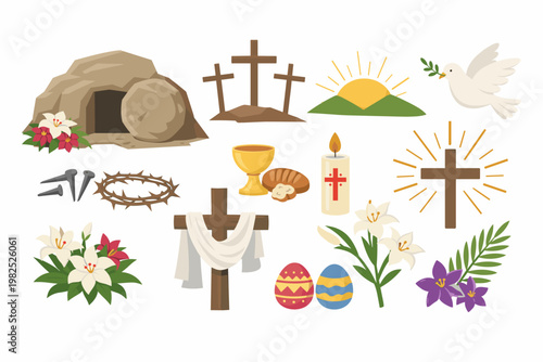 Religious Easter symbols collection featuring the empty tomb, three crosses on Calvary, resurrection sunrise, white dove of peace, crown of thorns, nails, chalice, bread, lilies, and colorful eggs.