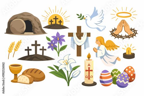 Collection of Religious Easter Symbols Featuring Empty Tomb, Three Crosses on Calvary, Holy Spirit Dove, Praying Hands, Crown of Thorns, Angel, Communion Bread and Wine, Lily, and Decorated Eggs.