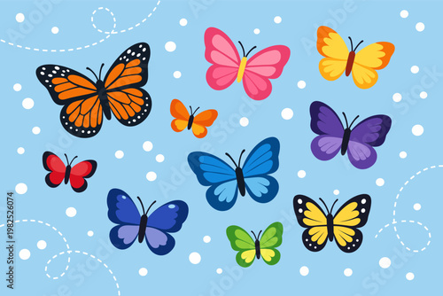 Vibrant collection of colorful butterflies flying on a light blue background with playful white dots and dashed flight paths. Includes monarch, blue morpho, and swallowtail styles in flat art.