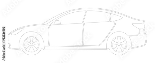 Minimalist sedan car outline vector, modern electric vehicle side view profile, simple white line art of a contemporary passenger automobile