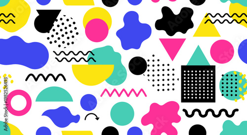 Vibrant and dynamic composition featuring a playful arrangement of geometric shapes in a bold color palette of yellow, pink, blue, green, and black, creating a visually engaging