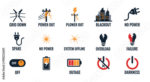 Set of electrical power outage icons depicting energy failure, blackout scenarios, and system malfunctions, rendered in a modern, flat vector illustration style with a bold color