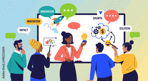 Diverse team collaborating around a whiteboard, brainstorming ideas with speech bubbles, rocket ship launch, and lightbulb, fostering innovation, growth, and impact, using vibrant