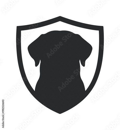Minimalist dog shield logo vector, black canine silhouette inside protection crest, pet security and animal insurance icon on white background