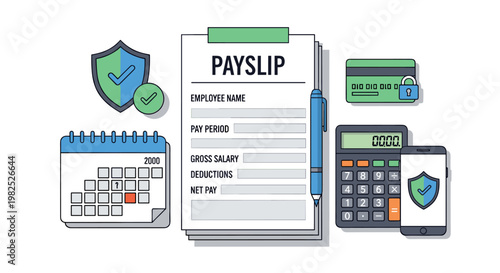 Payslip illustration depicting financial security with calculator, calendar, credit card, and smartphone, all rendered in a clean, modern style with a vibrant green and blue color
