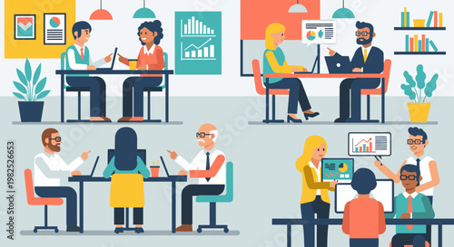 Collaborative office environment: diverse colleagues engage in teamwork, presentations, and discussions, utilizing laptops and screens with charts, all depicted with clean lines