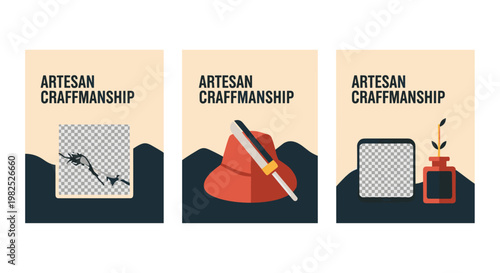 Artisan craftmanship concept showcased in a vector illustration, featuring a hat, a penknife, and an ink bottle, all presented with clean lines, a muted color palette, and a