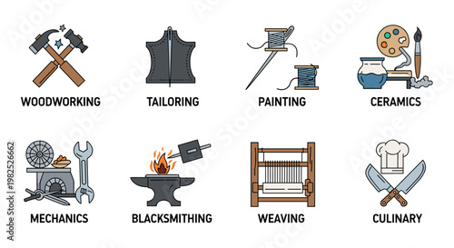 Craftsmanship icons set showcasing various artisan trades, including woodworking, tailoring, painting, ceramics, mechanics, blacksmithing, weaving, and culinary arts, represented