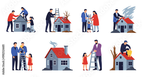Family and individuals working together to repair damaged houses, showcasing teamwork and resilience with vibrant red, blue, and gray colors, using clean lines in a vector