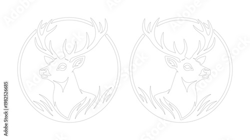 Minimalist deer head line art vector, majestic stag profile in circular frame, elegant buck outline illustration for laser cutting and engraving
