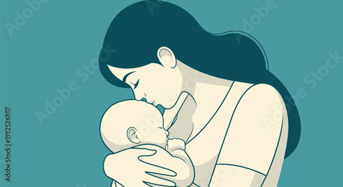 A tender illustration of a mother lovingly holding her newborn baby close.