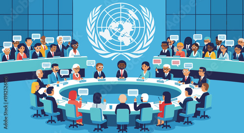 A diverse group of global leaders, seated around a circular conference table, engage in discussions with speech bubbles amidst a vibrant blue and white color scheme, representing