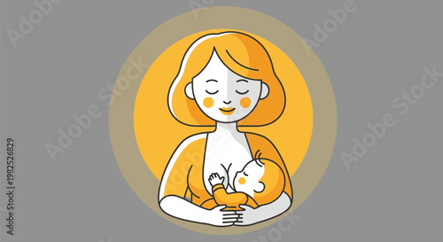 Tender mother breastfeeding infant in simple illustration.