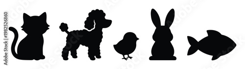 Pet animal silhouettes set, black cat and poodle dog icons, cute rabbit and chick bird shapes, aquatic fish vector elements for pet shop branding