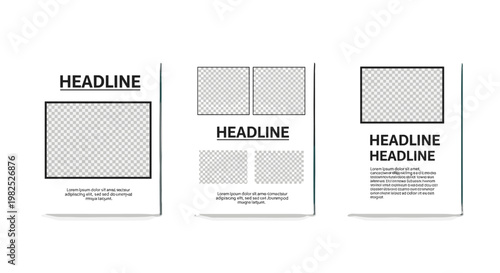 Clean, minimalist design for marketing materials, featuring three stylized mockups with transparent image placeholders, bold headlines, and supporting text, ideal for showcasing