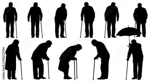 Fotografía Collection of Elderly People Silhouettes with Canes and Umbrella Showcasing Age
