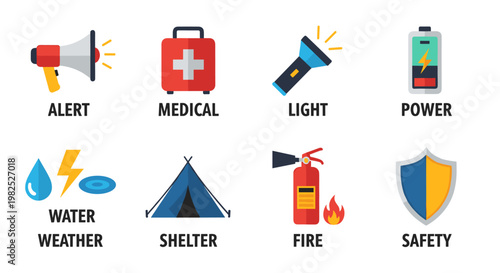 Emergency preparedness icon set featuring a megaphone, first aid kit, flashlight, battery, water droplet, lightning bolt, tent, fire extinguisher, and shield, rendered in a flat,