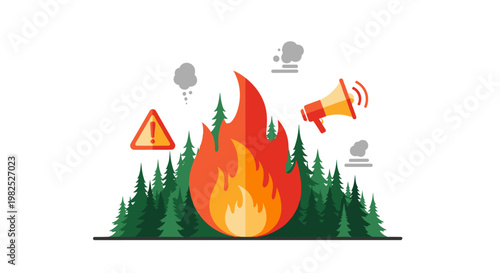 Forest fire disaster graphic with flames, trees, smoke, warning sign, and megaphone in a flat, minimalist style, illustrating an environmental emergency with vibrant colors and