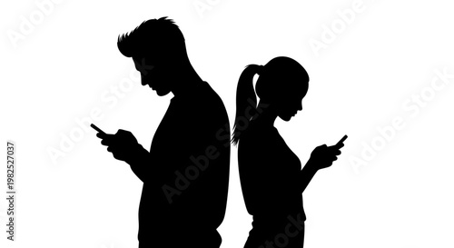 Couple Back to Back Silhouettes on Phones, Ignoring Each Other in Isolation