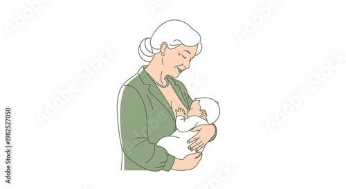 Elderly woman gently cradling peaceful newborn baby.