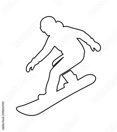 Minimalist snowboarder outline vector, black line art silhouette of a person snowboarding, winter sports athlete icon for extreme sports branding