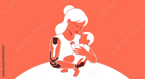 Bionic mother cradling newborn baby gently.