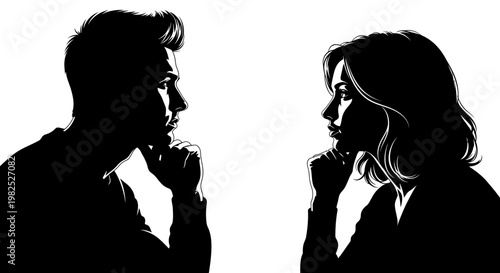 Couple Silhouettes in Contemplation, Facing Each Other with Thoughtful Expressions