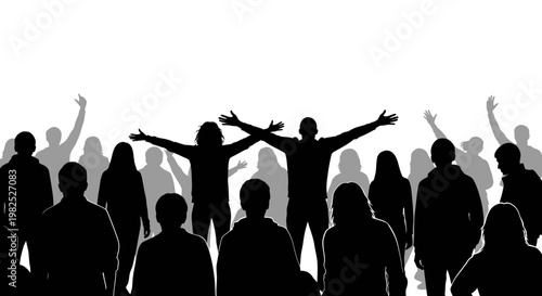 Crowd Silhouettes Cheering with Raised Arms in Celebration and Unity