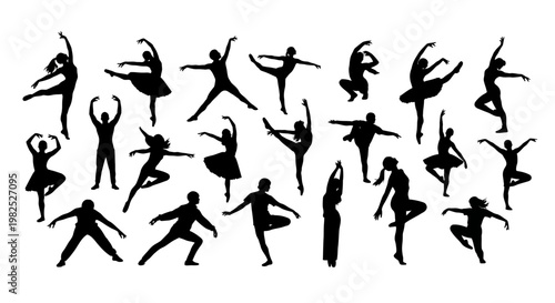 Diverse Ballet Dancers in Silhouette Poses and Ballet Moves Displayed