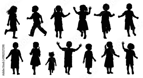 Diverse Children Silhouettes Running, Playing, and Waving, Representing Childhood Joy and Activity