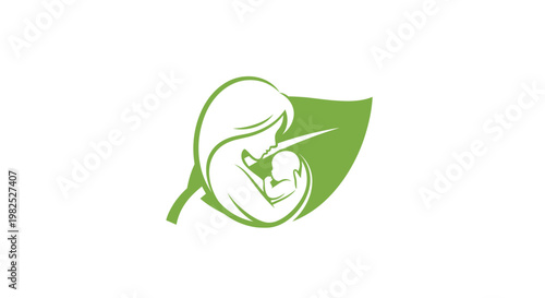 Green maternity icon showing mother and baby within leaf.