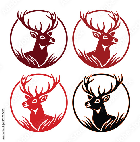 Stag deer head logo set, majestic buck with antlers in circular frame, 4 vector icons for hunting club and outdoor wilderness branding