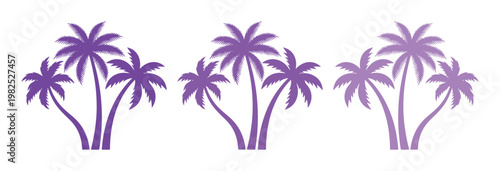 Purple palm tree silhouettes in three variations, tropical coconut tree vector set, minimalist summer beach plant icons for vacation branding