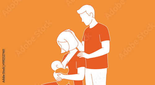 Mother breastfeeding newborn with partner support illustration.