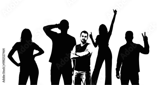 Diverse Group of Five People Silhouette with Victory and Thumbs Up Gestures