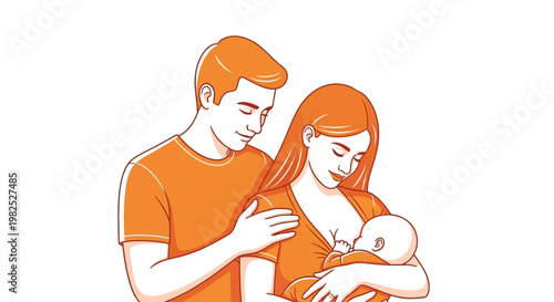 Loving parents cuddling mother breastfeeding newborn baby.