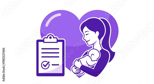 Illustration of a mother holding her newborn baby with a medical checklist.
