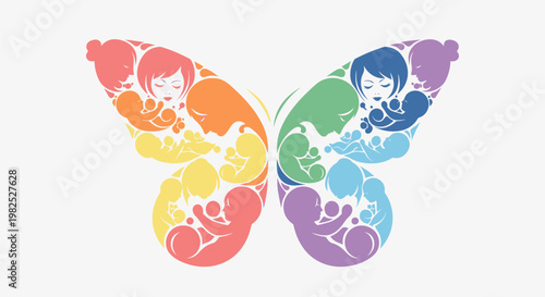 Colorful butterfly shape made of stylized pregnant women and fetal silhouettes.