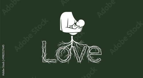 Creative illustration of a mother breastfeeding her baby with roots forming the word Love.