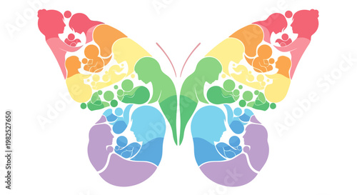 Abstract butterfly silhouette composed of colorful human fetus icons and pregnancy symbols.